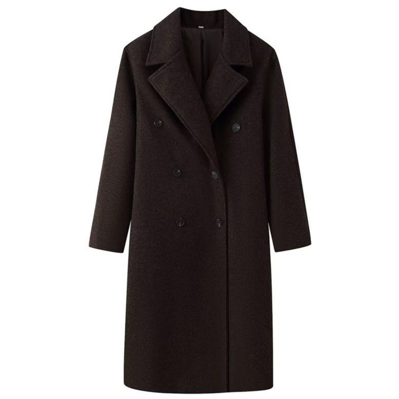 Double Breasted Extended Length Wool Coat With Patchwork Detail