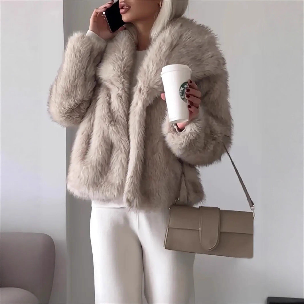 Gradient Dyed Pointed Lapel Faux Fur Short Coat For Women