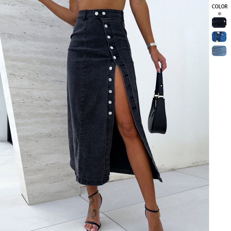 Asymmetrical Button Front Denim Skirt With Irregular Slit Detail