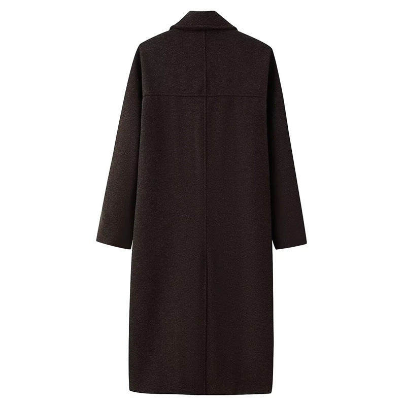 Double Breasted Extended Length Wool Coat With Patchwork Detail
