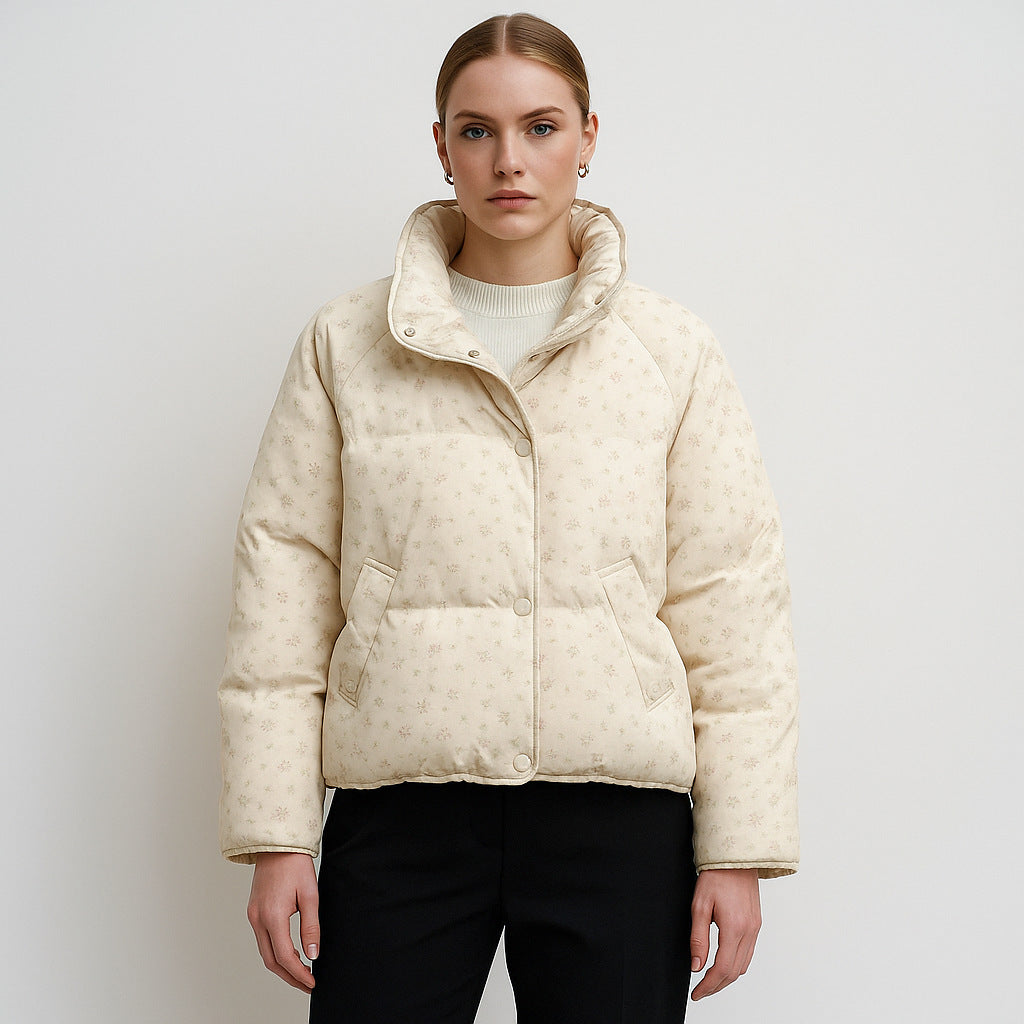 Petite Floral White Duck Down Short Jacket For Women