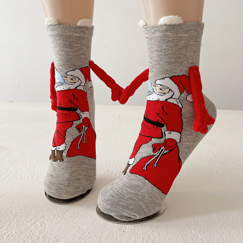 Cute Magnetic Hand Holding Christmas Themed Ankle Socks for Couples-Light Grey Santa Claus-Theone Apparel