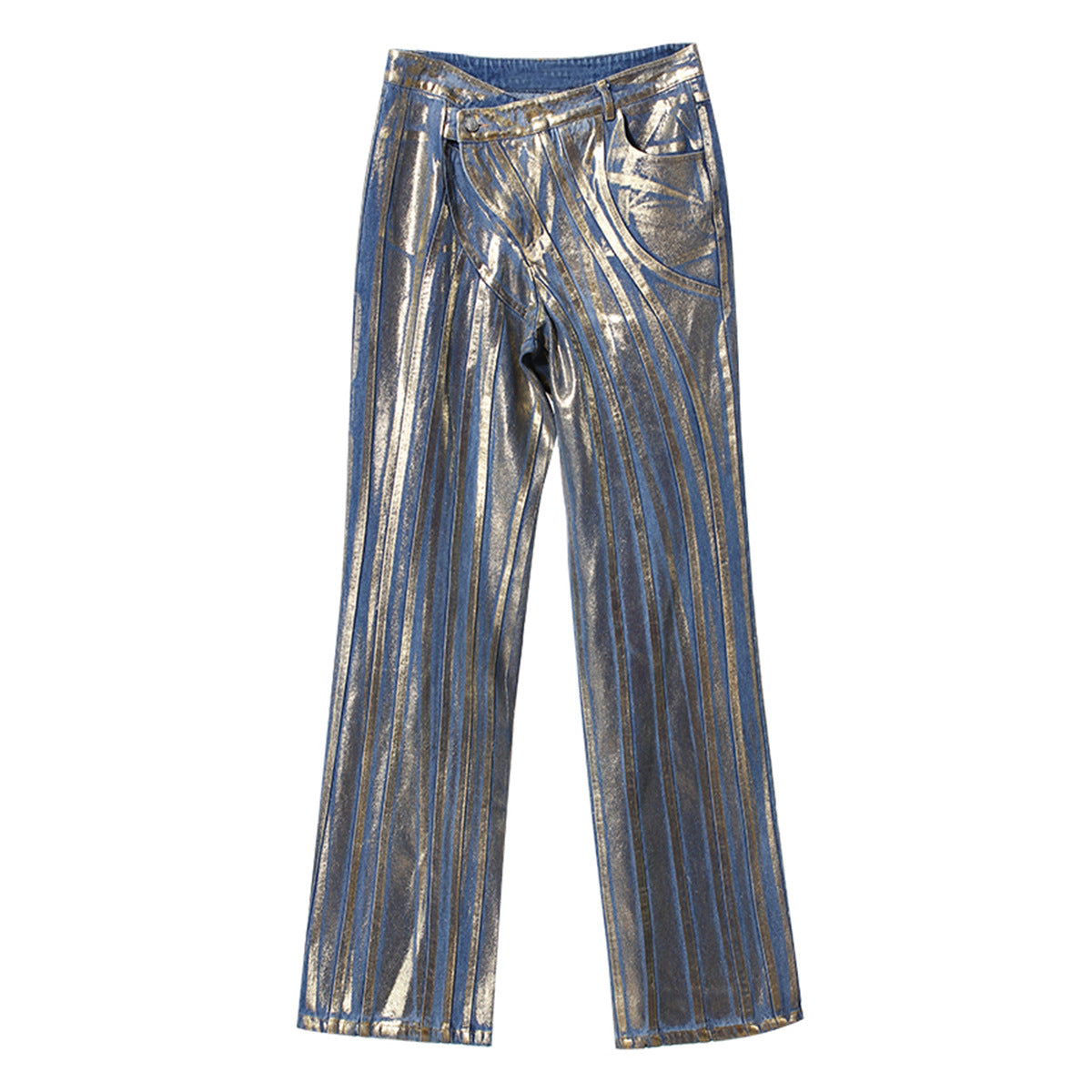 Gilded Slant-Buckle Jeans with Silver Brush Detailing-Theone Apparel
