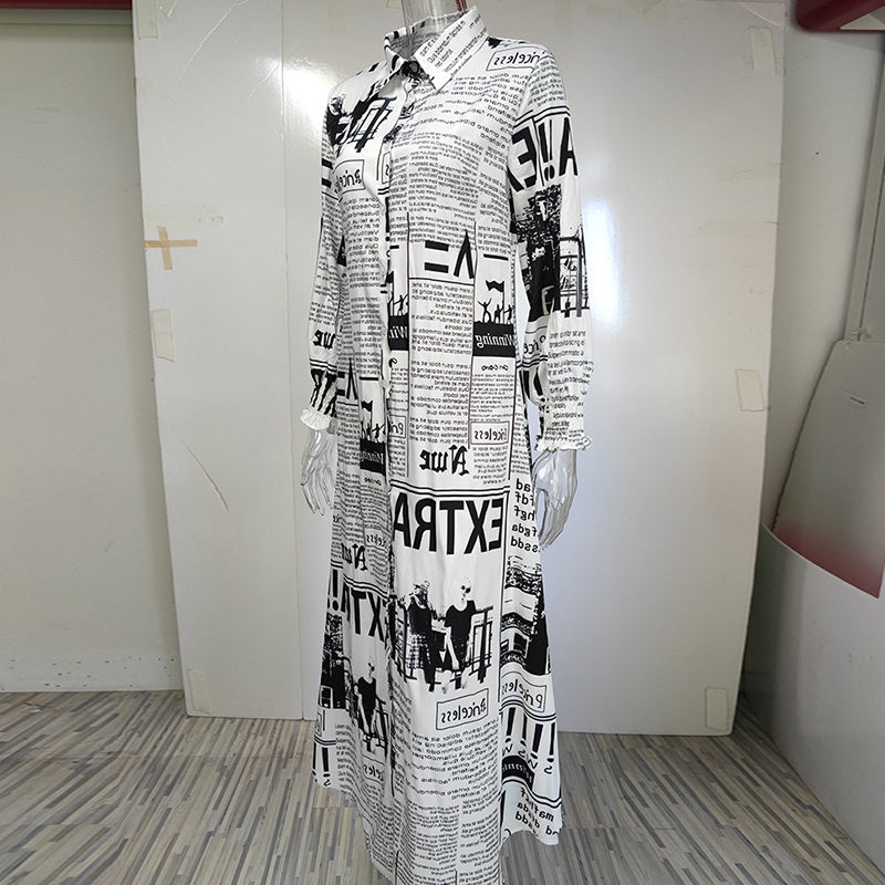 Newspaper Print Shirt Dress with Relaxed Button-Down Appeal-Theone Apparel