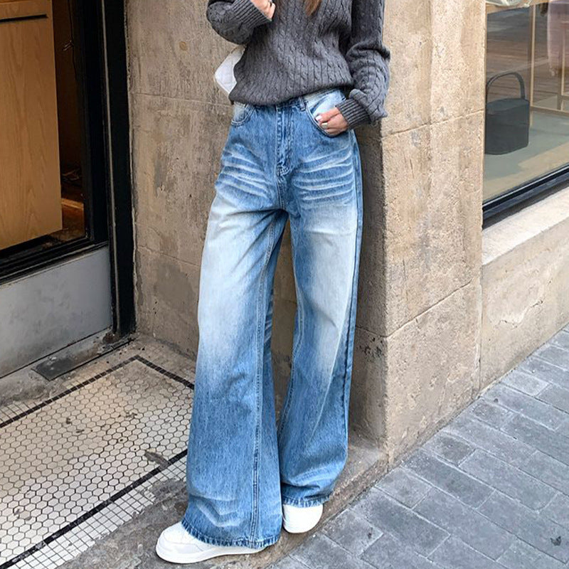 Pear-Shape Friendly Bleached Jeans with Crease Accents-Blue-Theone Apparel