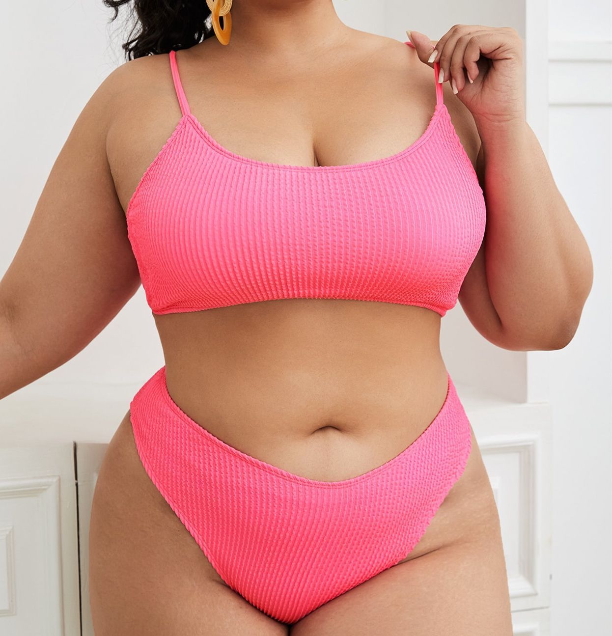 Plus-Size Solid Color Bikini Swimsuit for Sleek Confidence-Pink-Theone Apparel