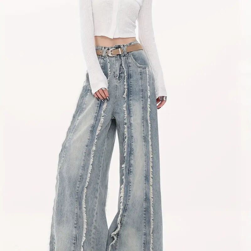 Raw Edge Wide-Leg Jeans with Loose Straight Floor-Length Fit-Light Blue-Theone Apparel