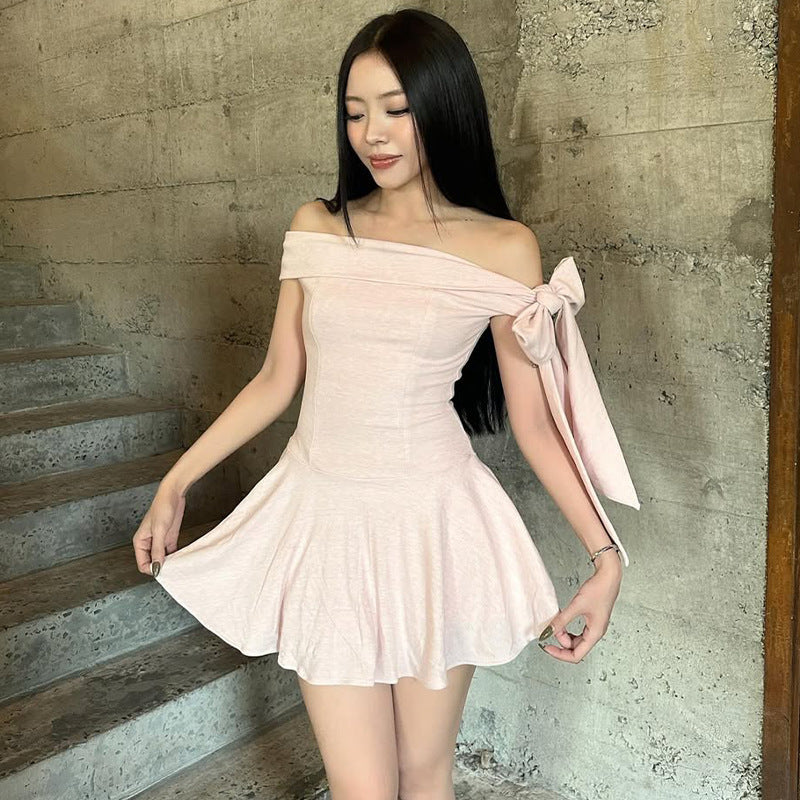 Summer Off-Shoulder Bow Mini Dress with Playful European Vibes-Pink-Theone Apparel