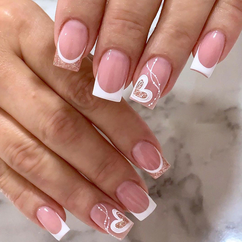 Women's French Tip Square Shaped Short Nail Set with Hearts and Glitter-Pink/White-Theone Apparel