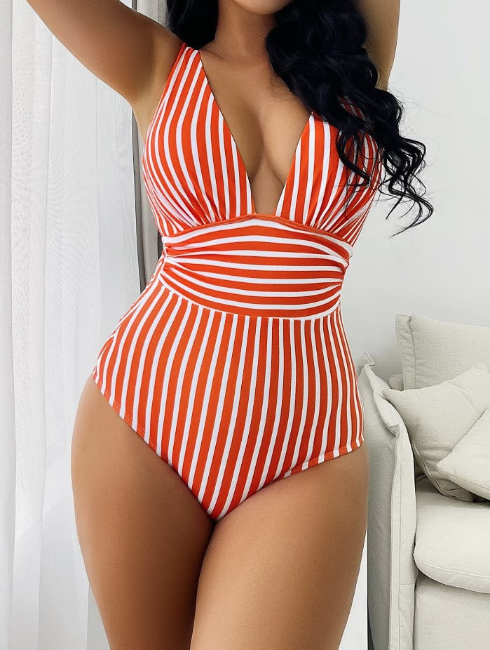 Women's One Piece Pinstripe Swimsuit with Low Cut Neck-Orange-Theone Apparel