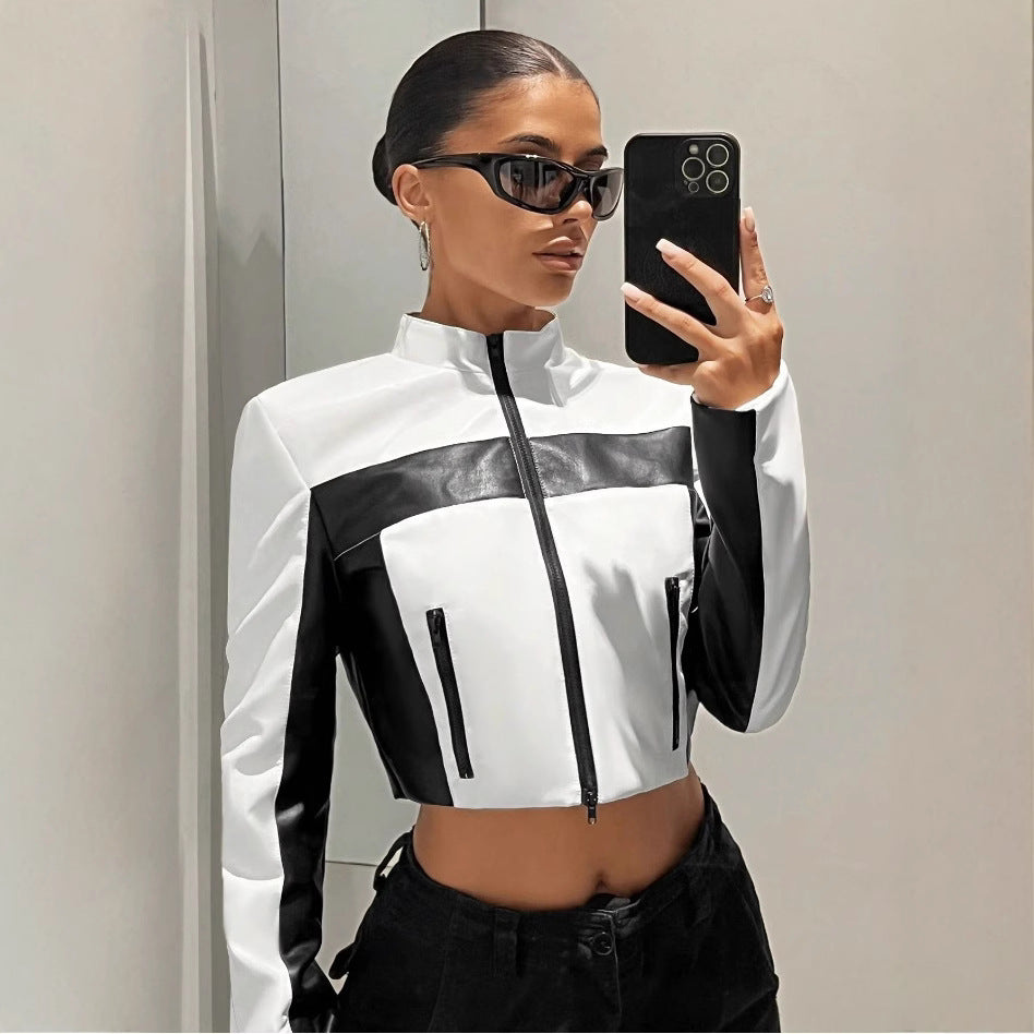 Black And White Contrast Short Slim Zipper Faux Leather Jacket