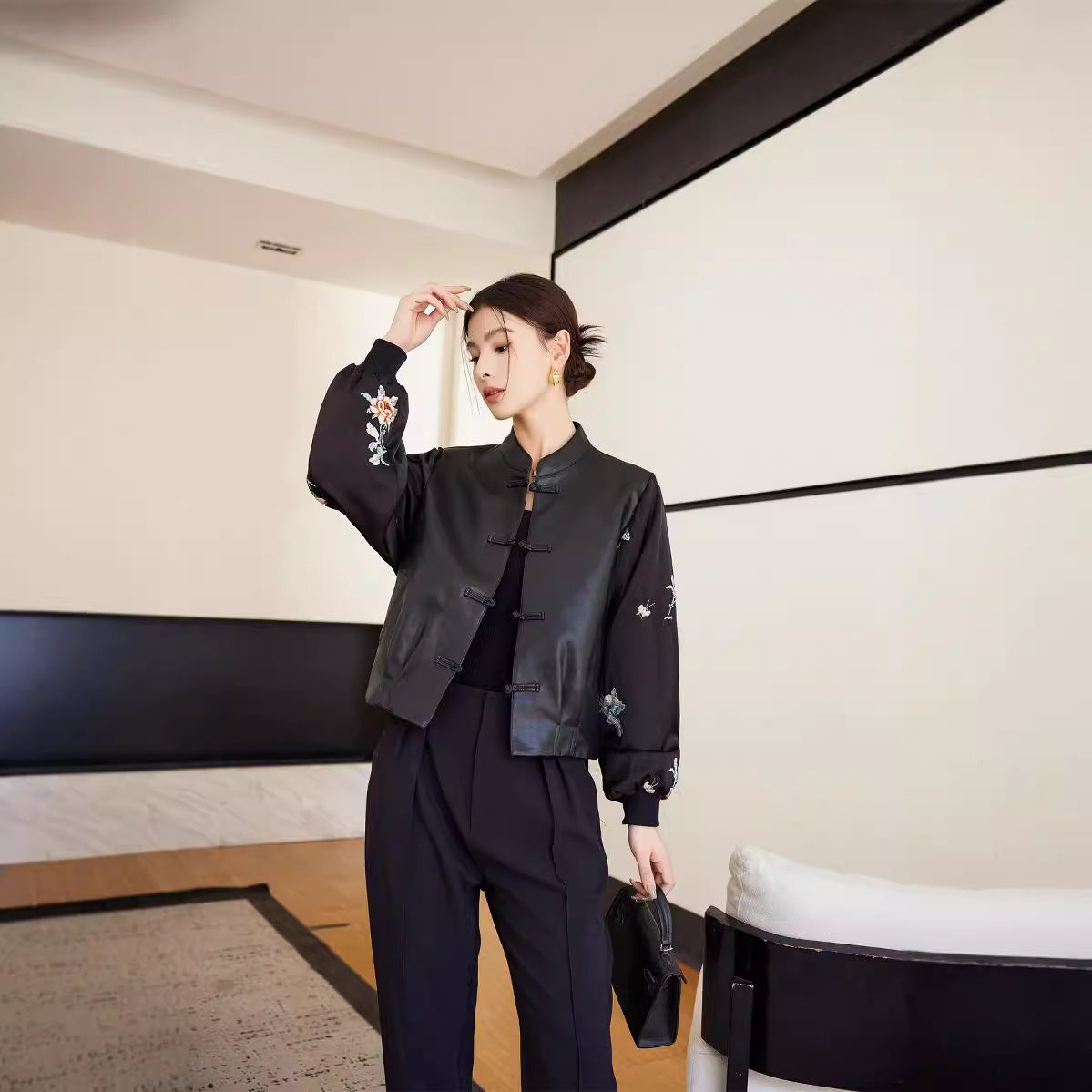 New Chinese Style Stitching Leather Coat Women's Retro Women's