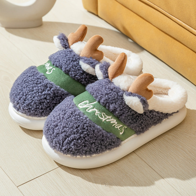 Cute and Whimsical 3D Reindeer Fleece Slippers with Traction