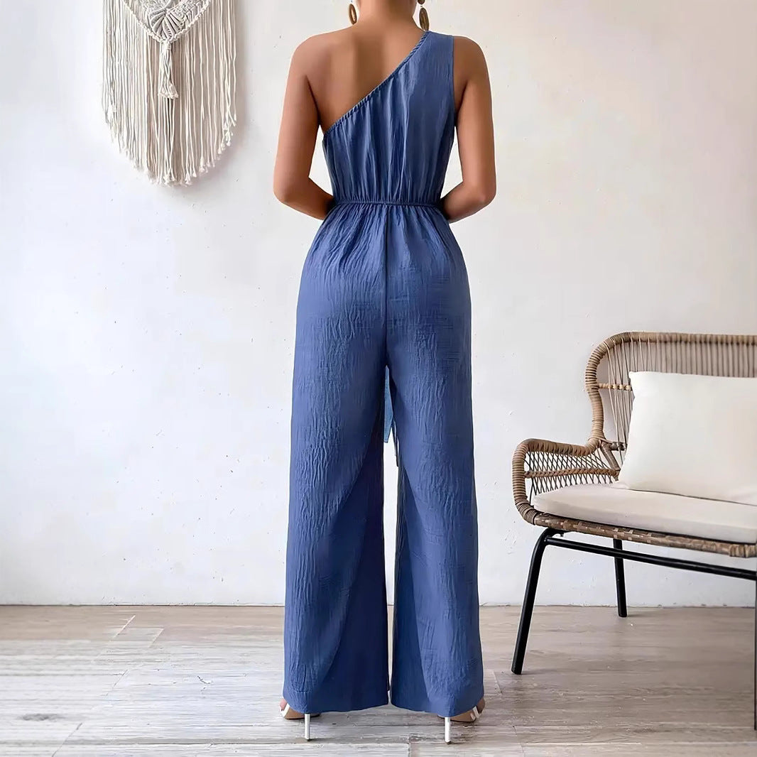Women's Casual Wide-leg Jumpsuit With Shoulder Strap And Waist Tie
