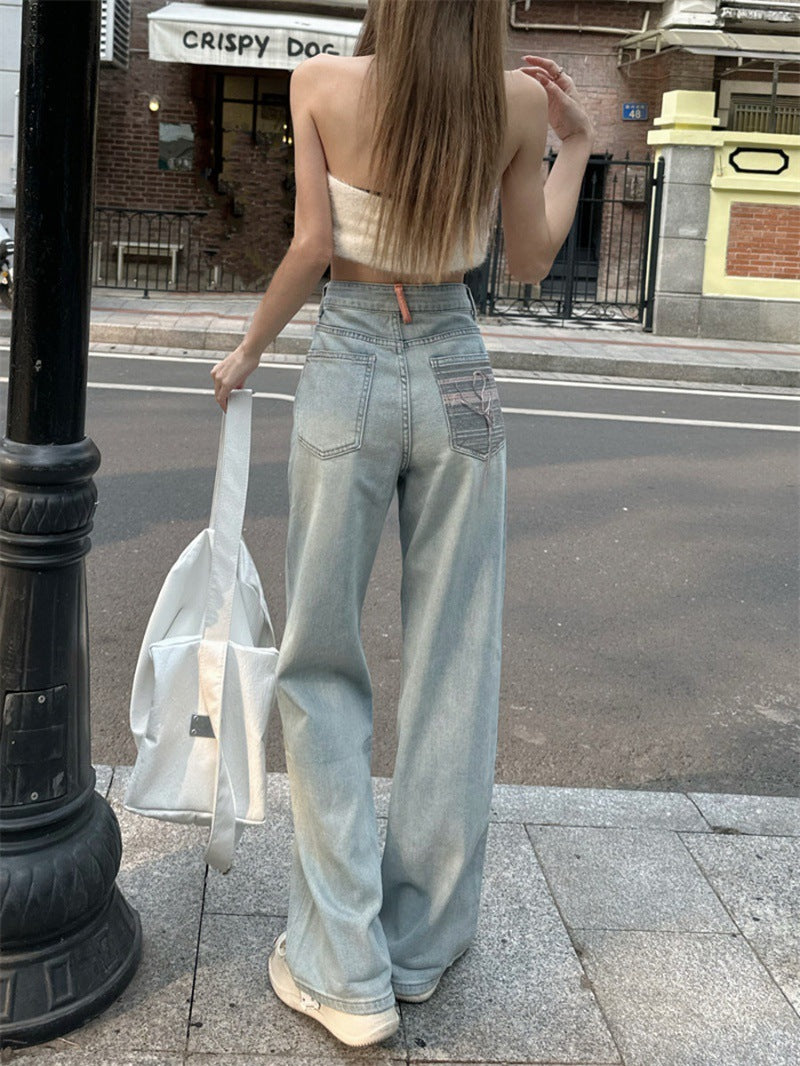 Light Blue Summer Washed Wide-Leg Floor-Length Jeans