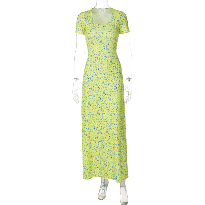 Chic U-Neck Printed Dress with Strappy Back and Short Sleeves
