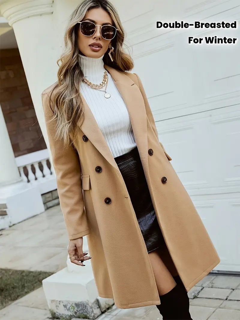 Women's Solid Color Double-Breasted Wool-Like Coat Notch Lapel Long Sleeve Mid-Length Overcoat With Pockets