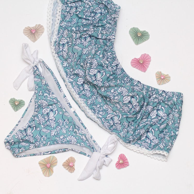Lichtblauwe bloemenbloem Slit Bikini Beach Ensemble