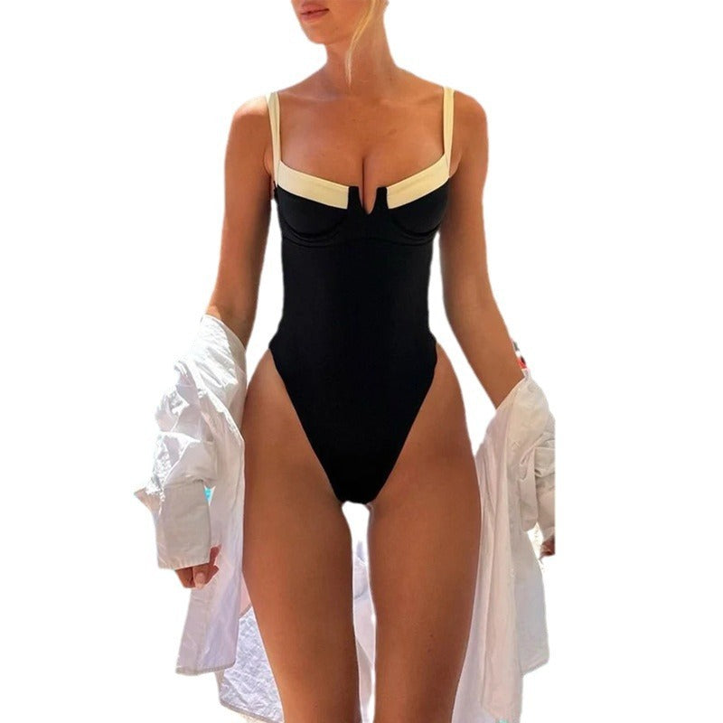 Contrast-Color One-Piece Swimsuit for Bold Summer Beach Statements