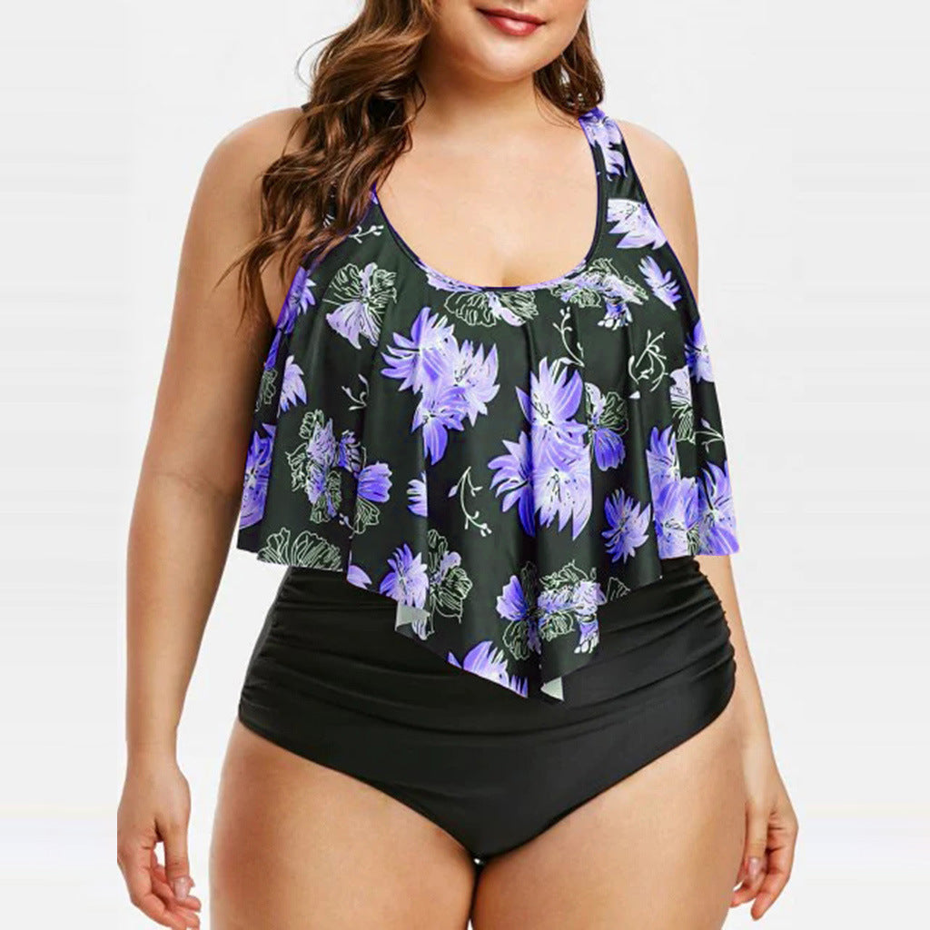 High-Waist Lotus Print One-Piece Swimsuit for Elegant Flair