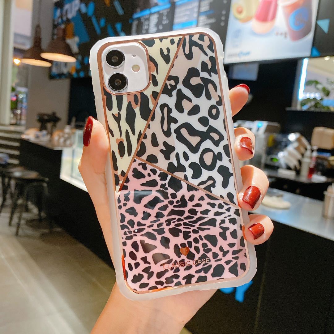 Leopard Print Heart Pattern Electroplated Protective Silicone Phone Case