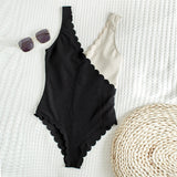 Women's One Piece Black and White Asymmetrical Knit Swimsuit