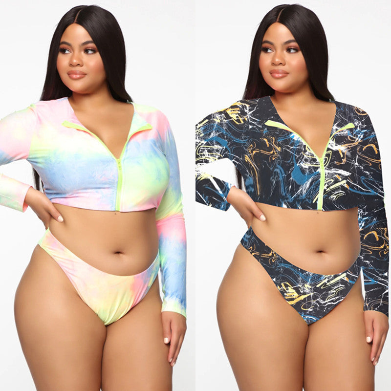 Colorful Plus-Size Zippered Bikini Swimsuit with Long Sleeves