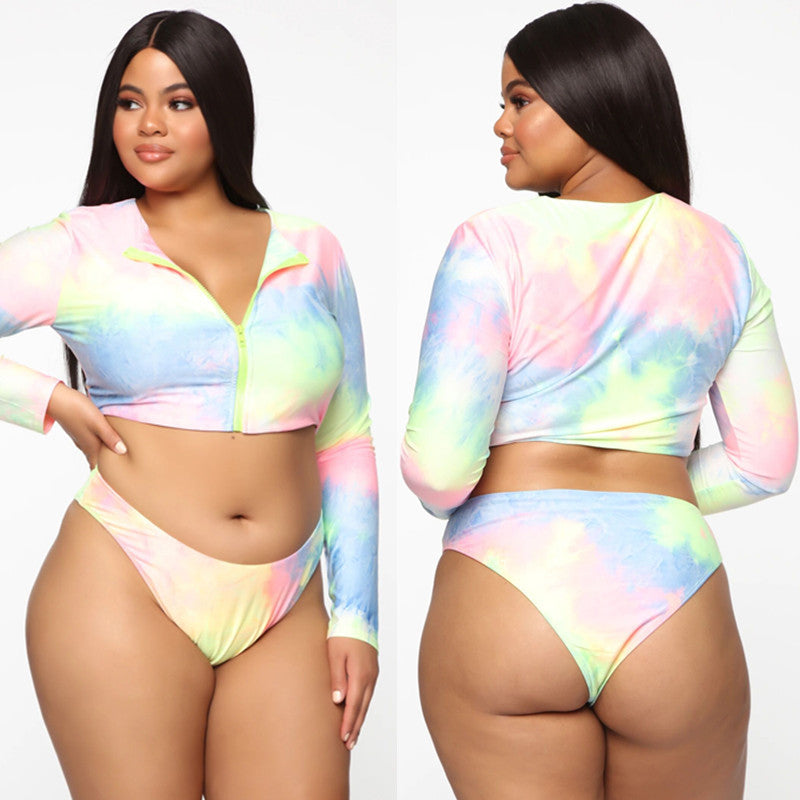 Colorful Plus-Size Zippered Bikini Swimsuit with Long Sleeves