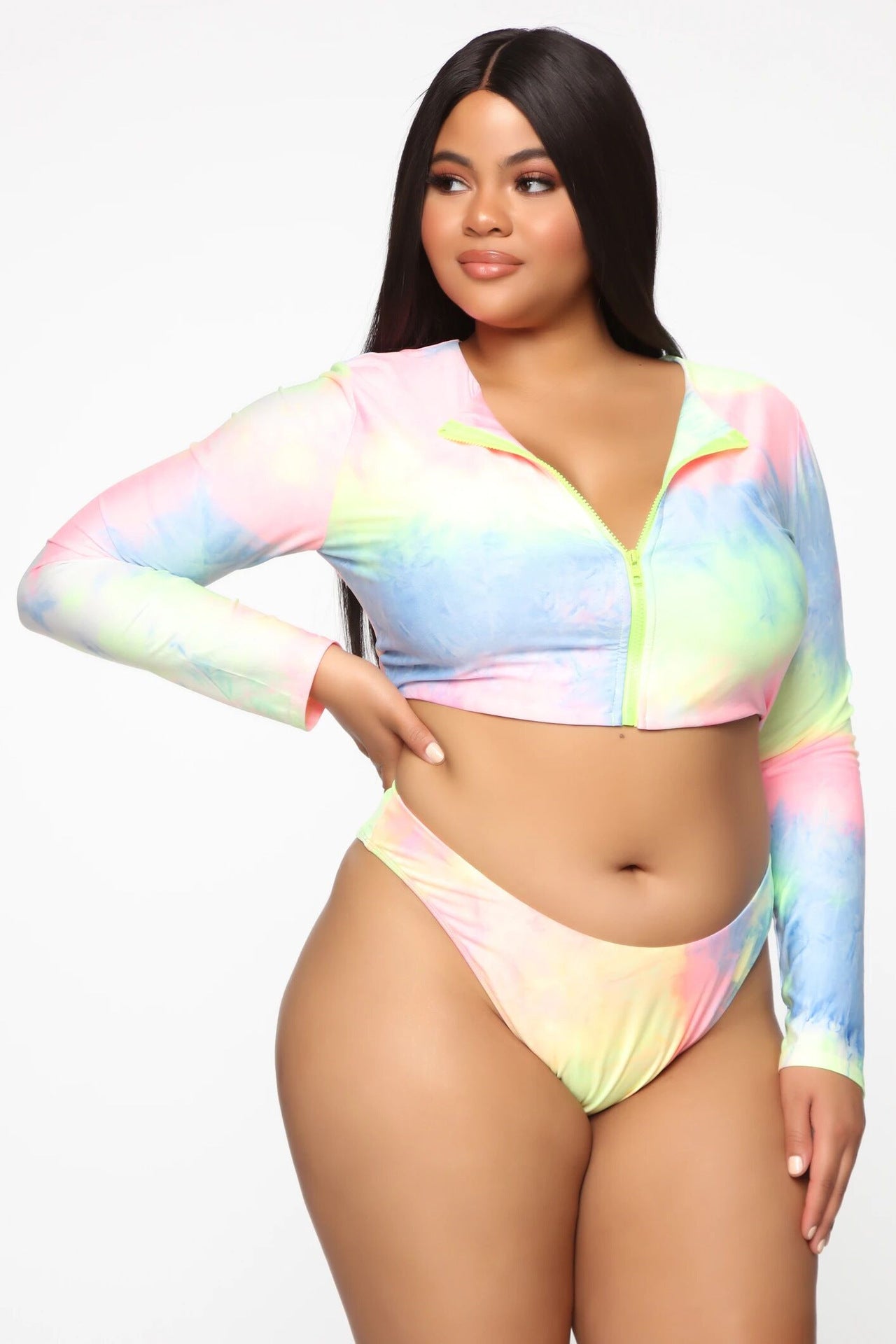 Colorful Plus-Size Zippered Bikini Swimsuit with Long Sleeves