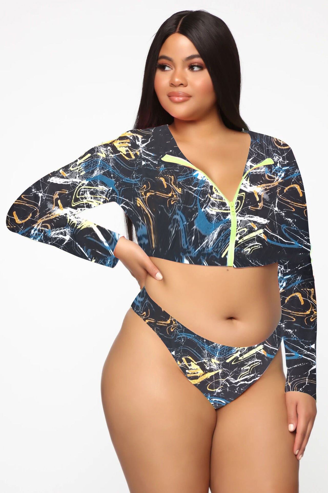 Colorful Plus-Size Zippered Bikini Swimsuit with Long Sleeves