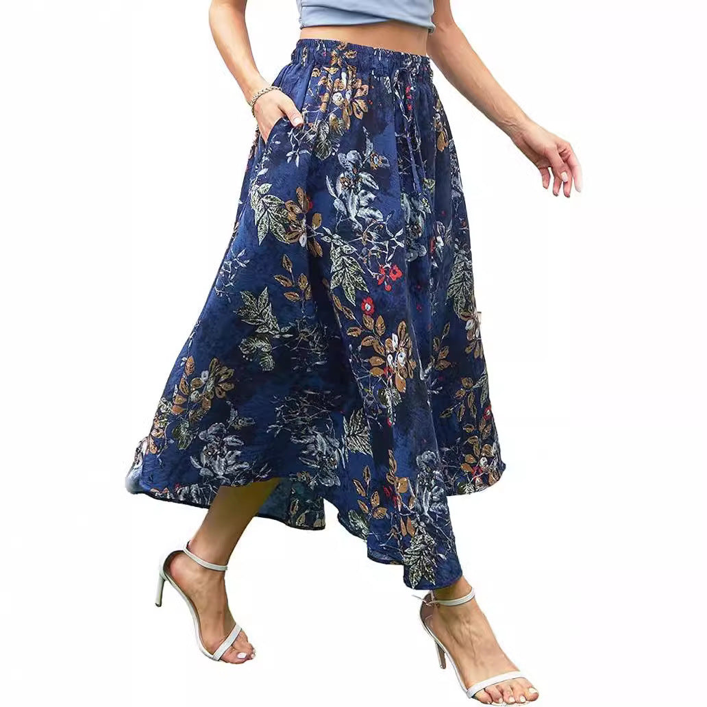 High Waist Lace Print Swing Skirt With Double Pockets