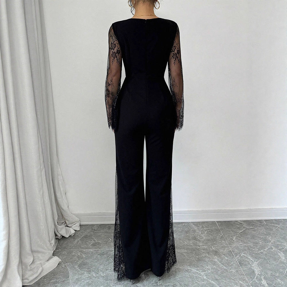Lace-embellished Long-sleeve Crew-neck Bodycon Jumpsuit With A Cinched Waist And Hip-lifting Design