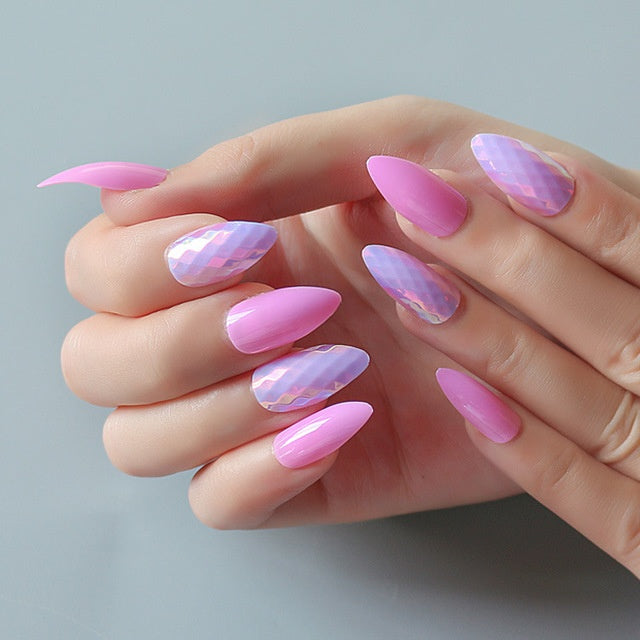 24 Piece Round and Almond Nail Set in Multiple Colors-Hot Pink-Theone Apparel