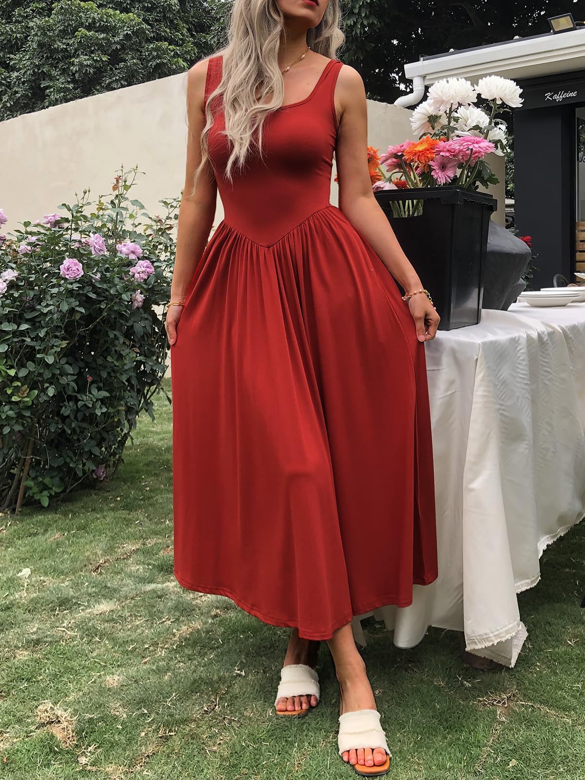 Vestido plisado de cuello cuadrado con silueta de honda moderna