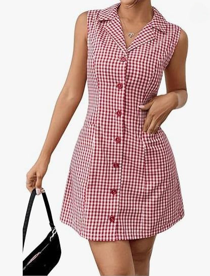 Chic French Plaid Lapel Dress with Vintage Retro Allure