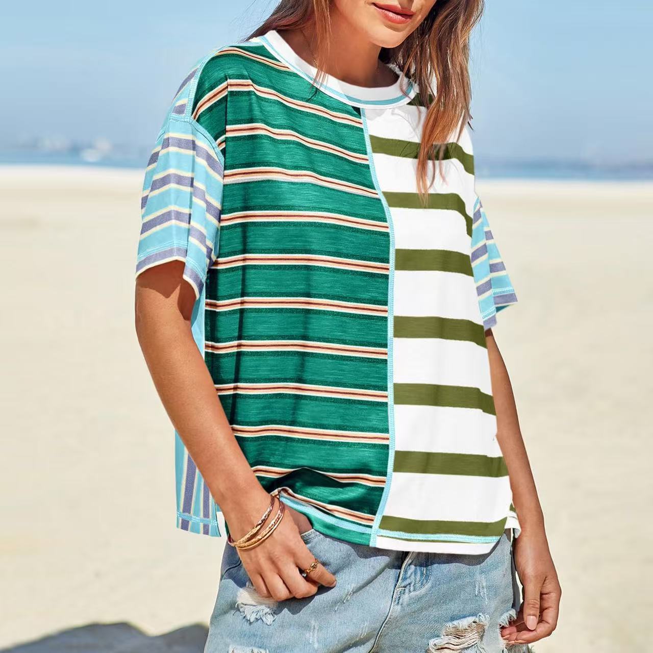 Women's Striped Casual Loose-fitting Short-sleeve Shirt