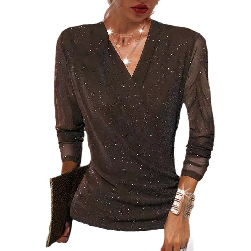 Chic Mesh V Neck Long Sleeve Top For Women