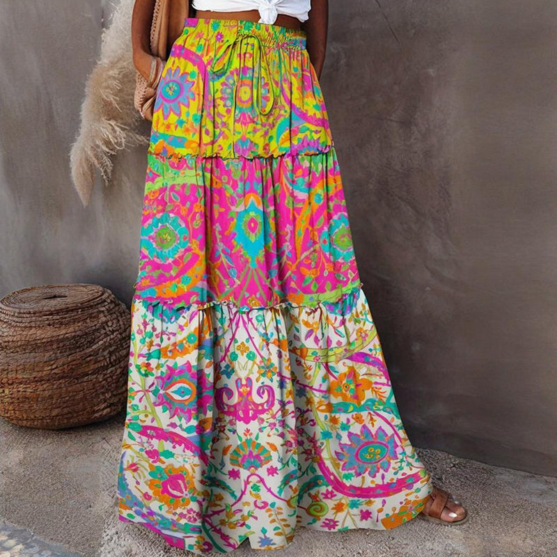 Color Block Floral Maxi Falda con cintura elástica de cordón