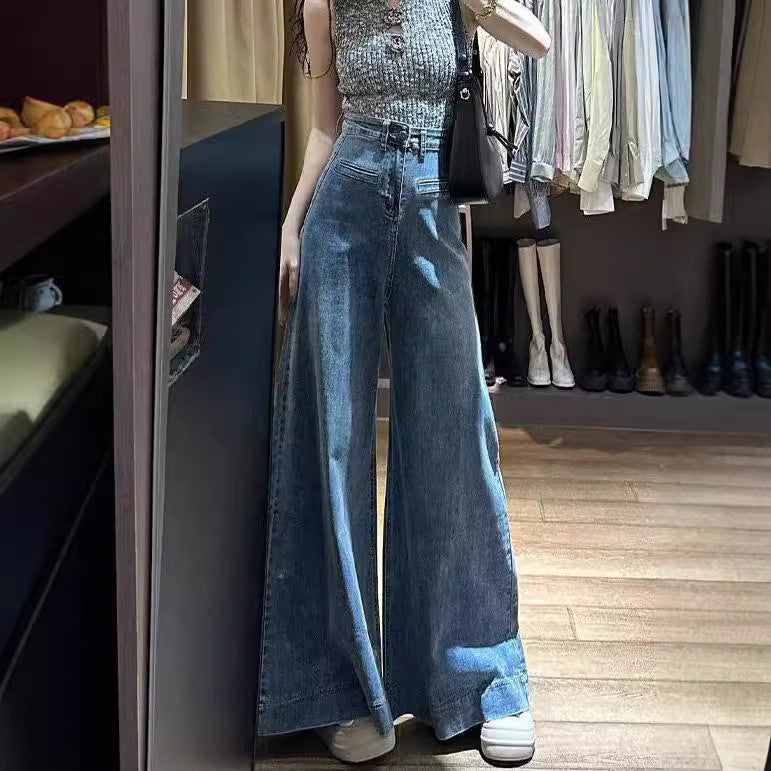 Jeans de pierna ancha hasta piso azul retro con drapeas