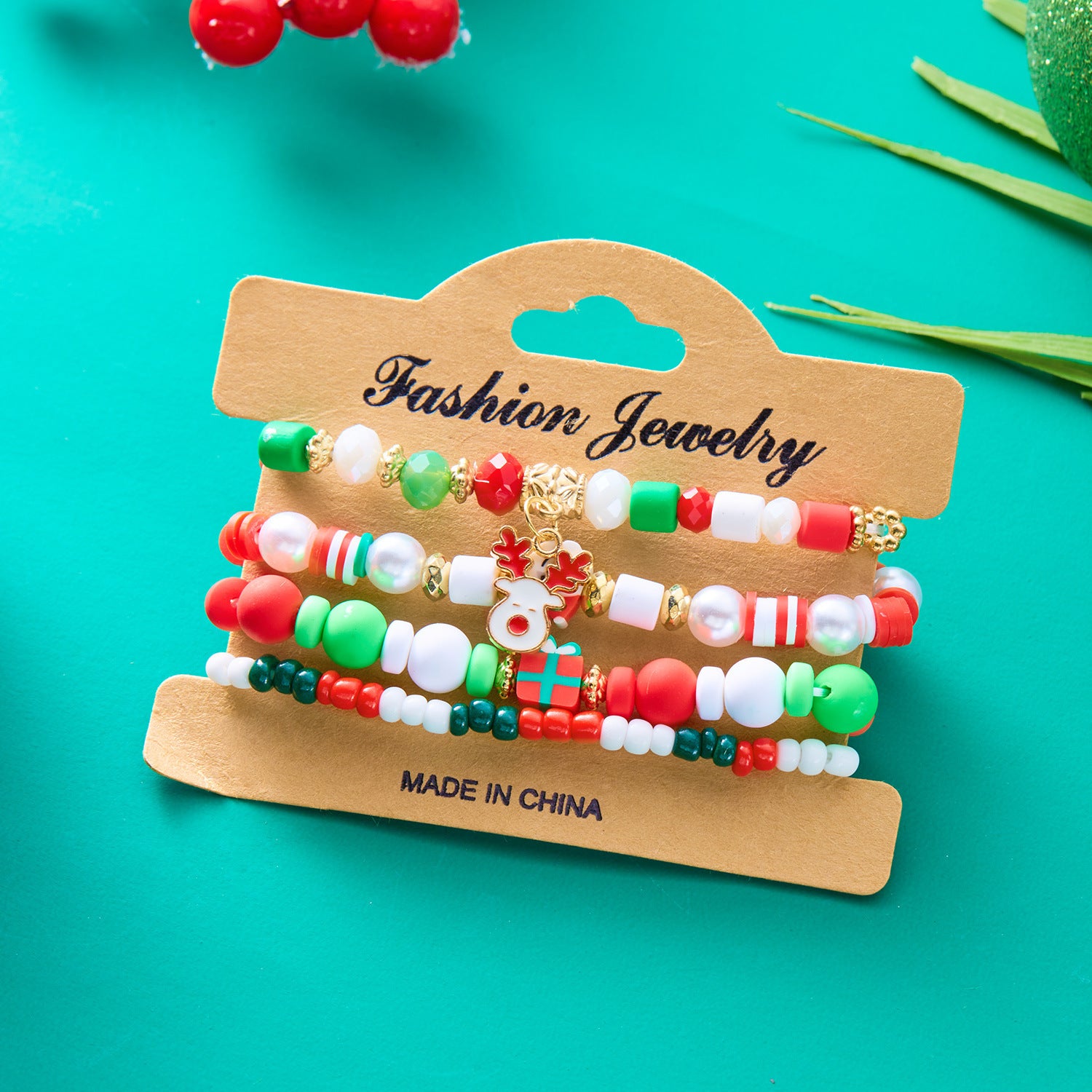 4-Piece Christmas Stacked Beaded Charm Bracelet Set in Assorted Styles