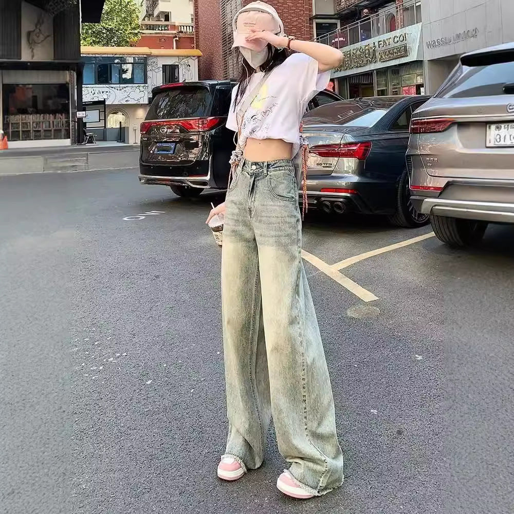 Cement Yellow Wide-Leg Jeans with Retro Spring Vibe
