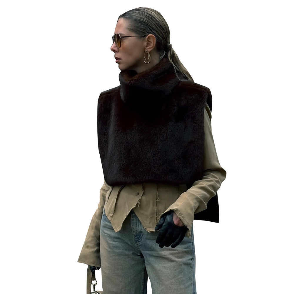 New Solid Color Half Turtleneck Sleeveless Fur Vest For Women