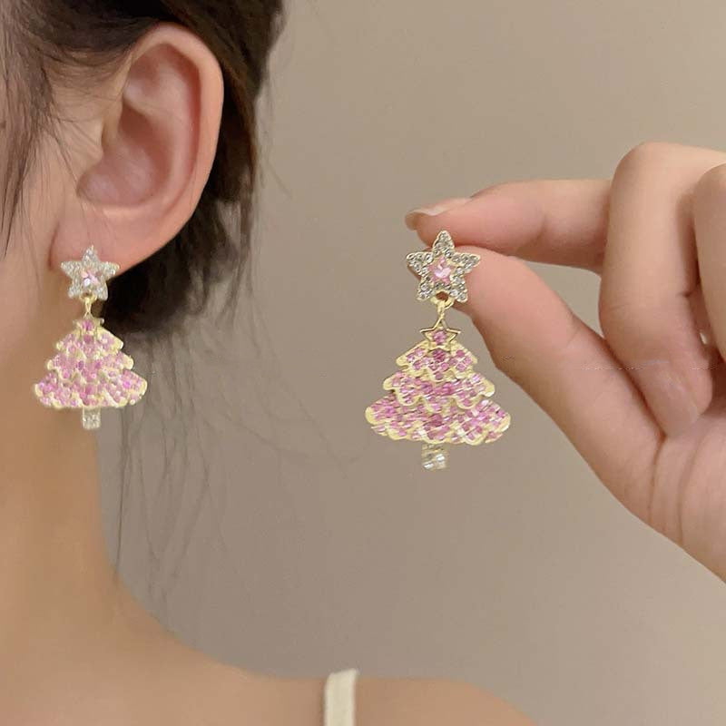 Elegant Christmas Tree Stud Back Dangle Earrings with Jewels