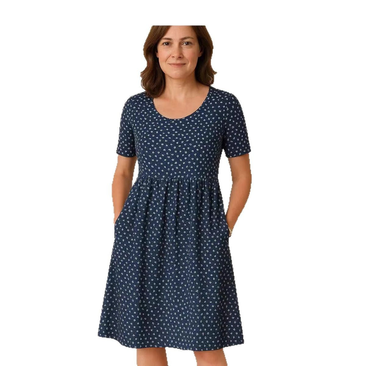 Casual T-Shirt Dress with Round Neck, Pockets, and Stitch Detailing