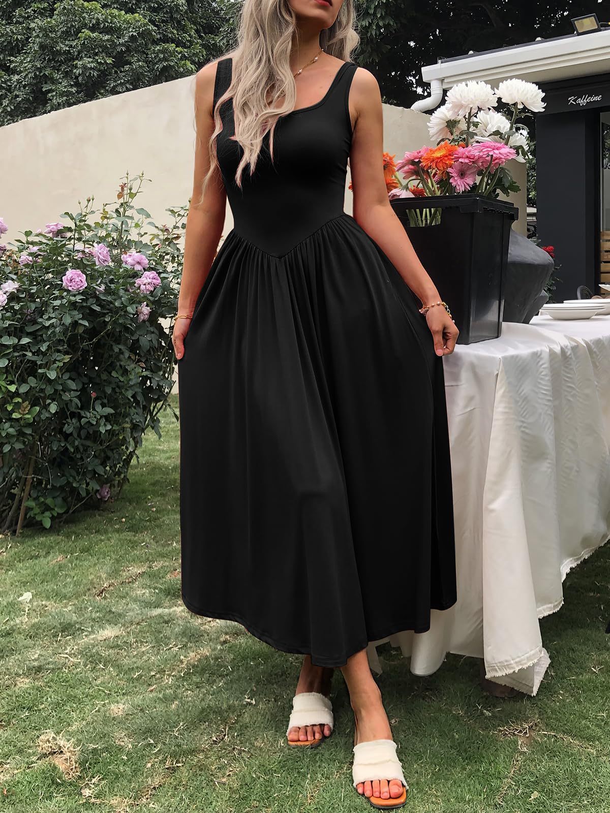 Vestido plisado de cuello cuadrado con silueta de honda moderna