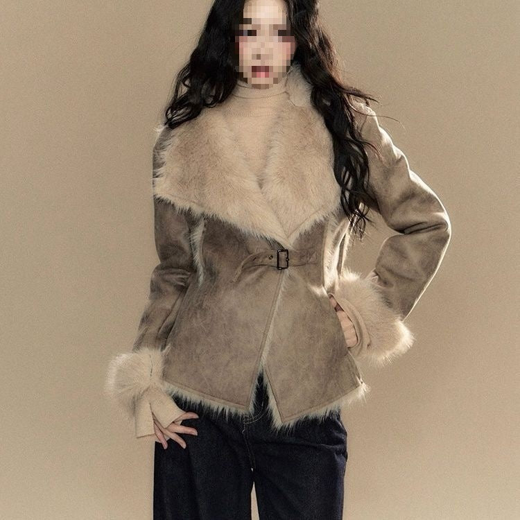 Suede Fur Trimmed Short Coat For Women