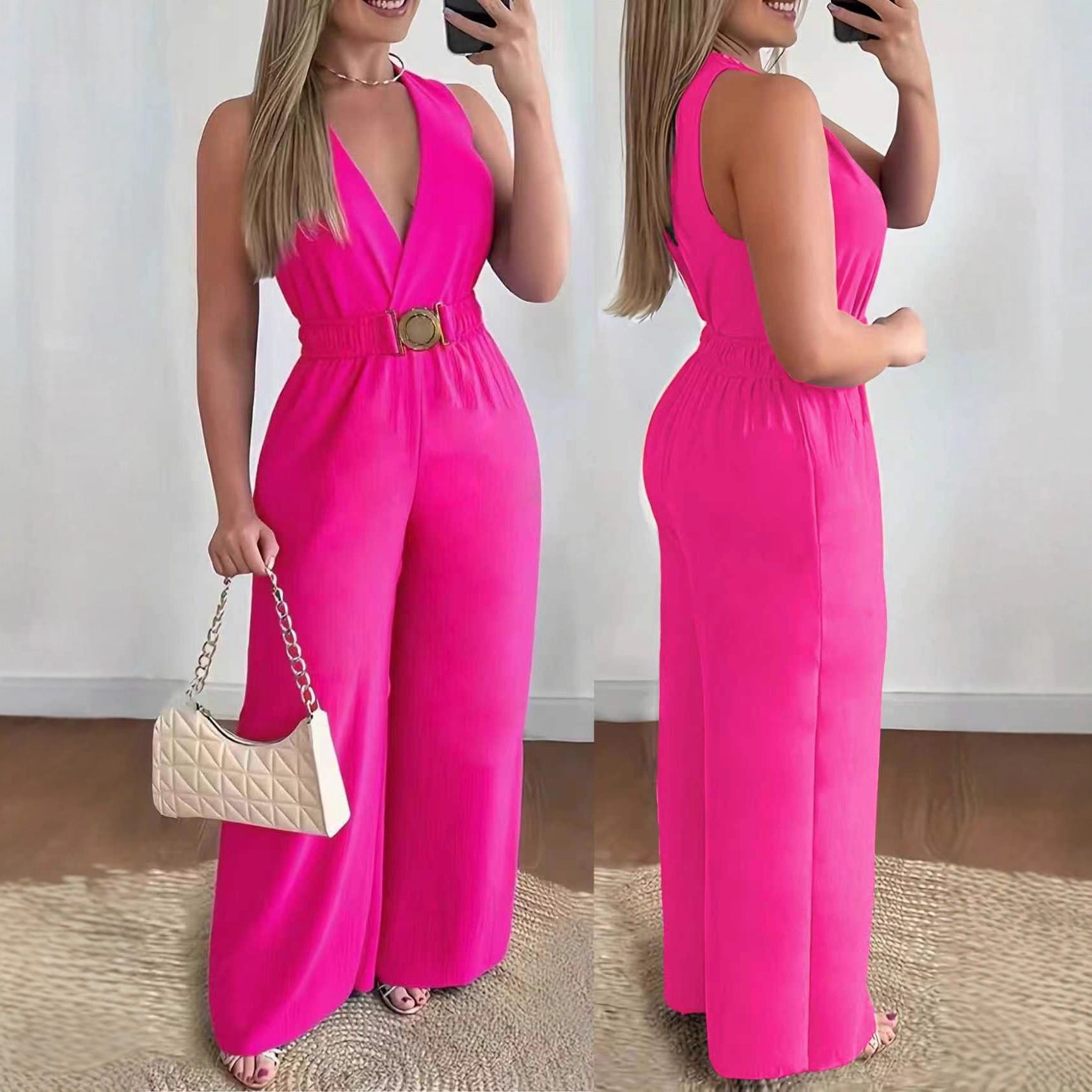 Slant Pockets Solid Color Sexy Loose Elastic-Waist Wide-Leg Pants