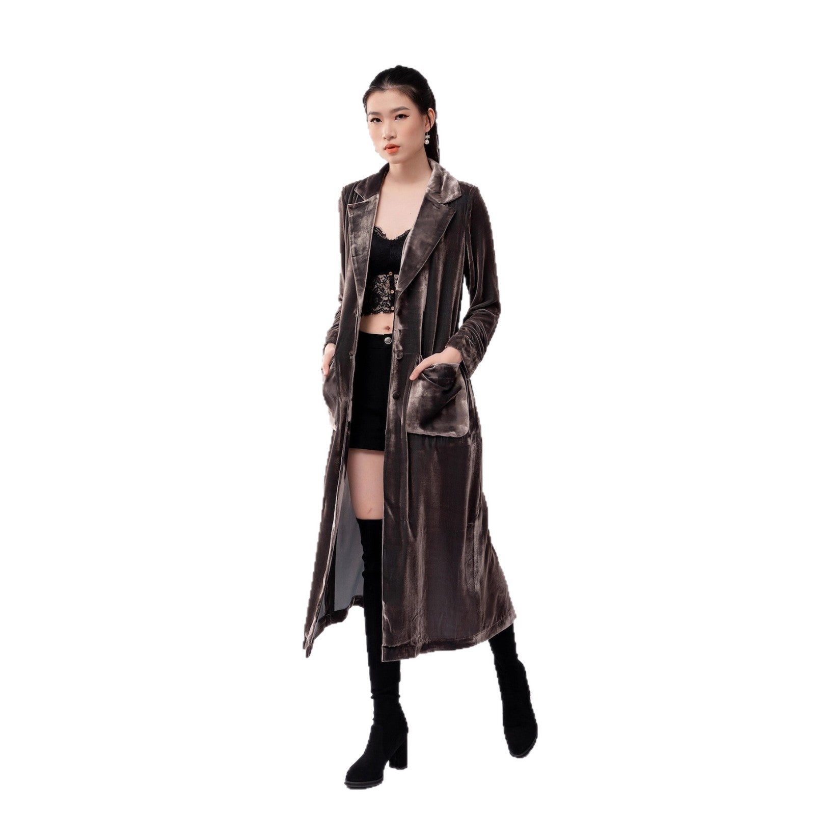 Elegant Women's Velvet Overcoat Coat Conventional Sleeve