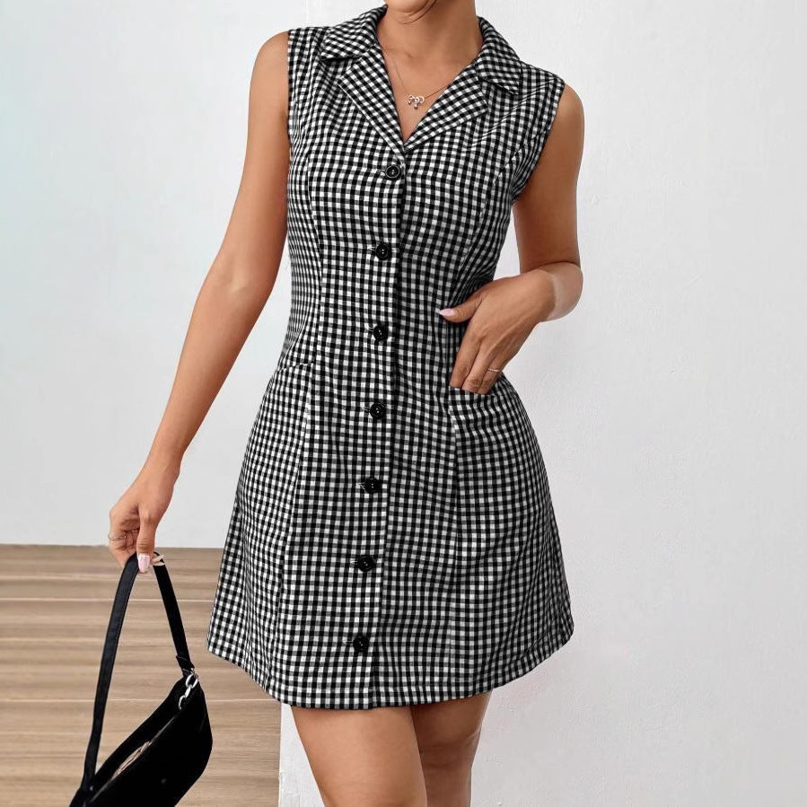 Chic French Plaid Lapel Dress with Vintage Retro Allure
