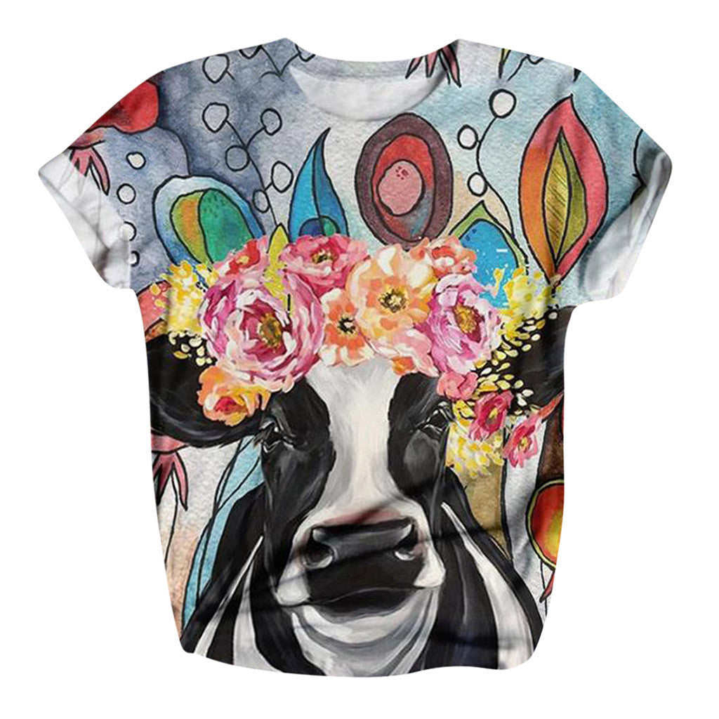 Bull-Head Print Crew Neck Short Sleeve T-Shirt For Women